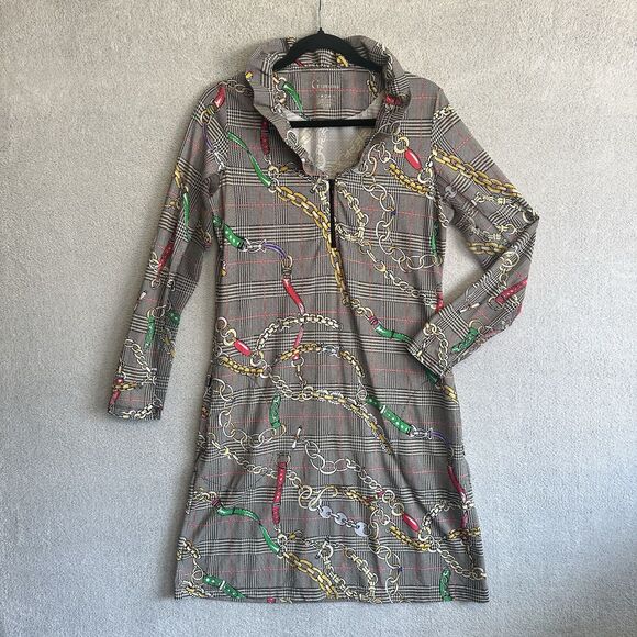 G LIFESTYLE Women Equestrian Ruffle Neck Houndstooth L/S Golf Dress Sz S UPF 50+ - Picture 1 of 8